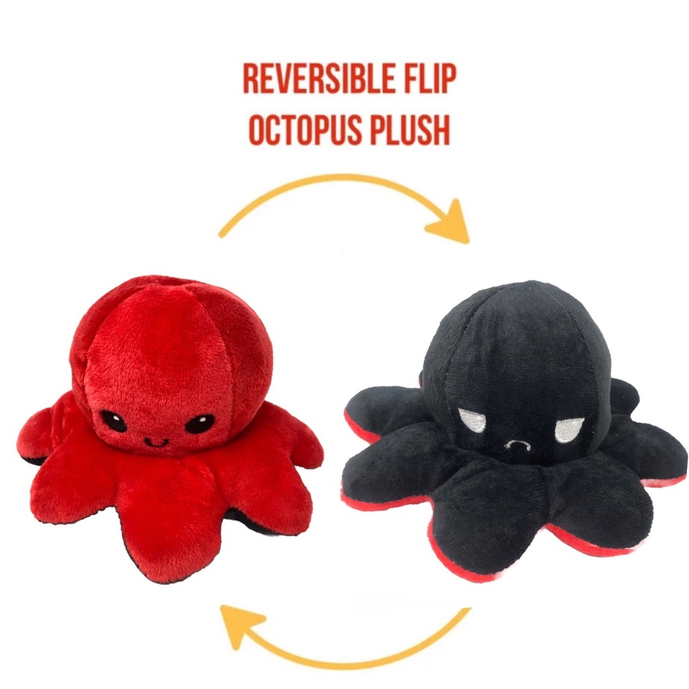 Reversible Plush Octopus Double Sided Flip Octopus Show Your Mood! Red & Black